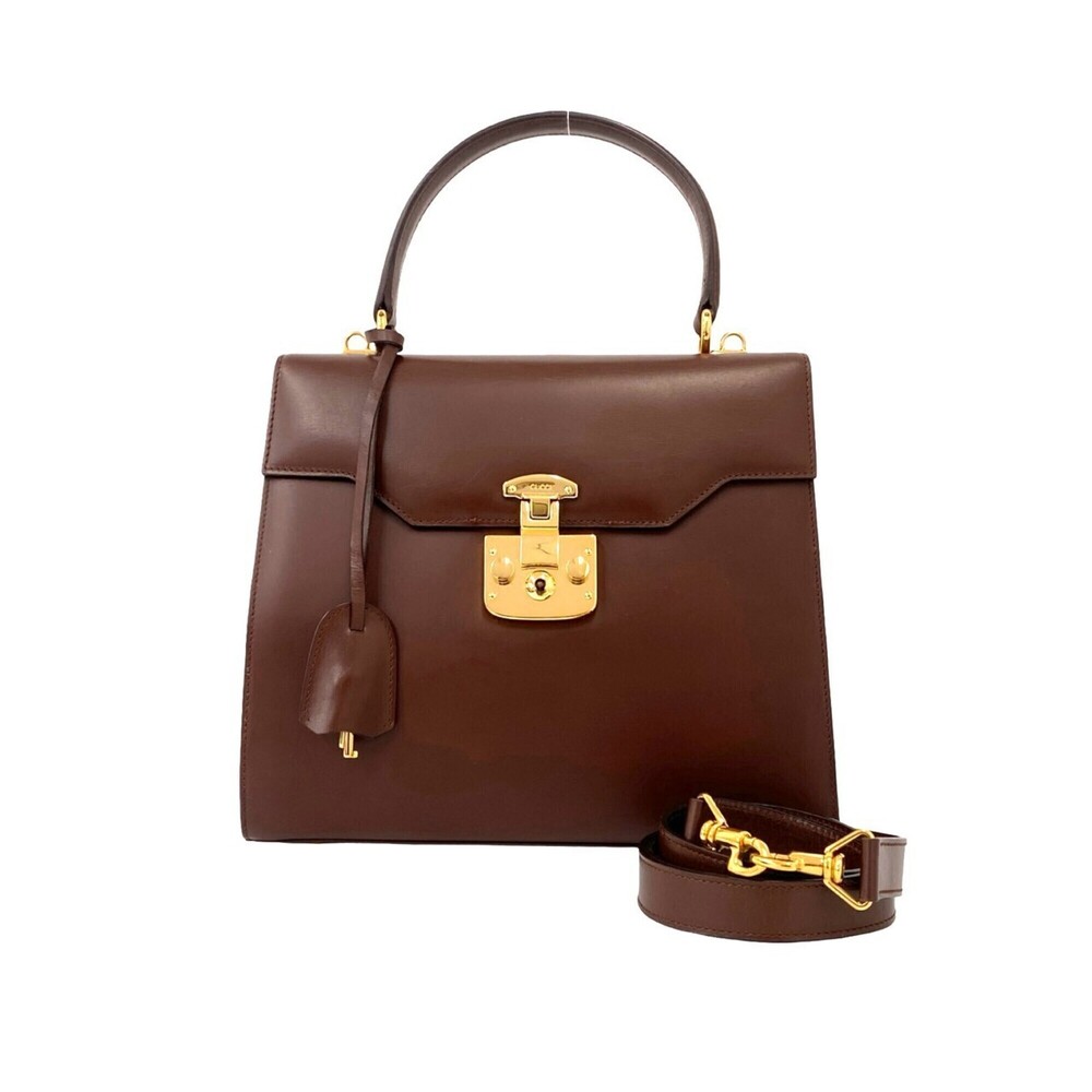 GUCCI Old Gucci Lady Lock Logo Hardware Leather 2-way Shoulder Bag/Handbag Br...